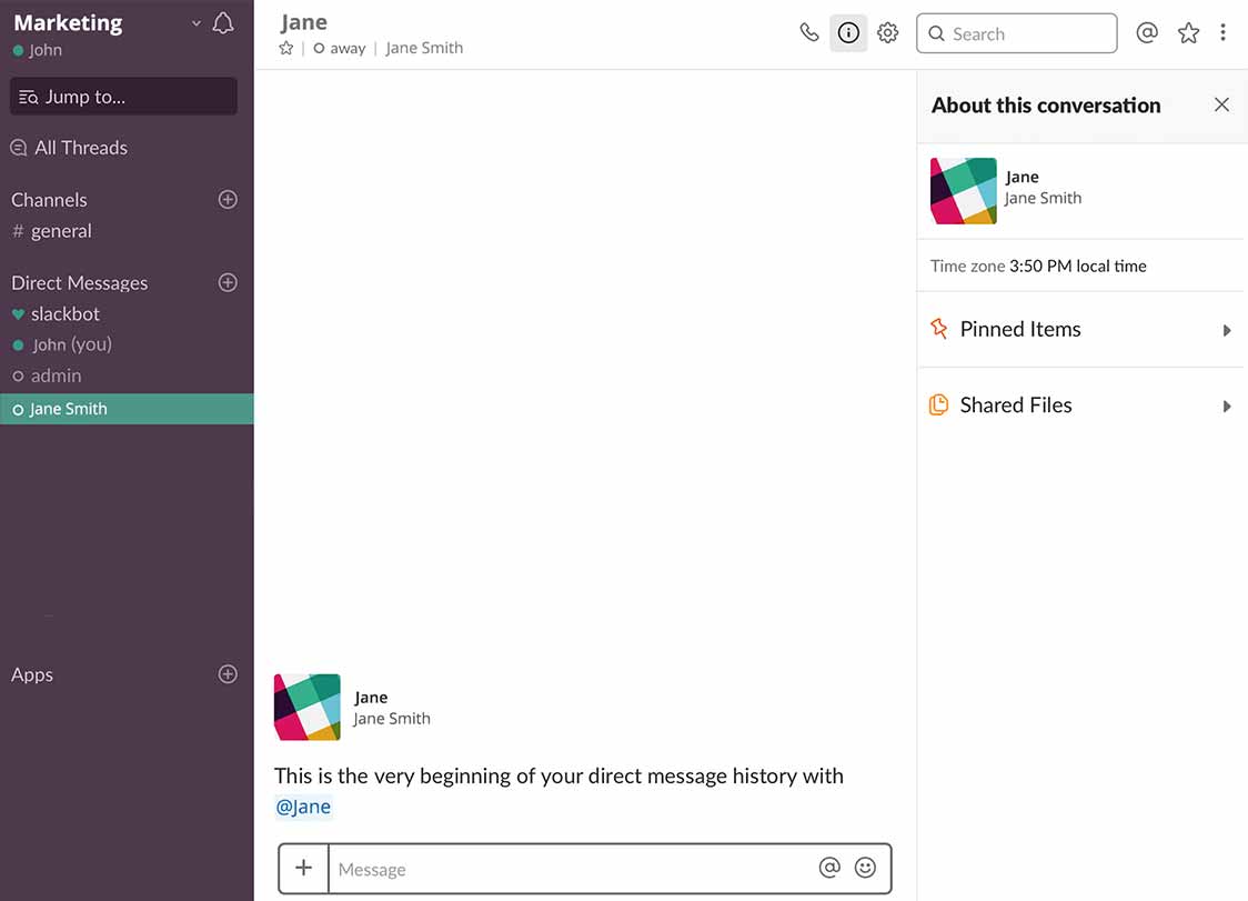 Slack-Kontoinformationsseite