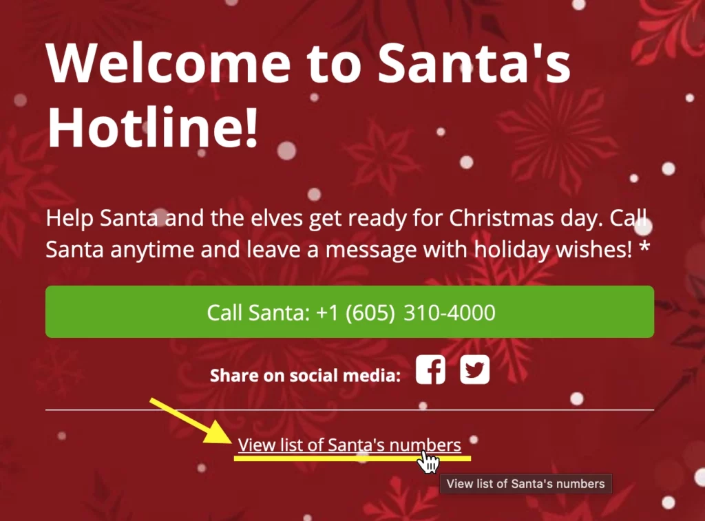 mouse hovering over view list of santa's numbers on santas hotline pages hero section