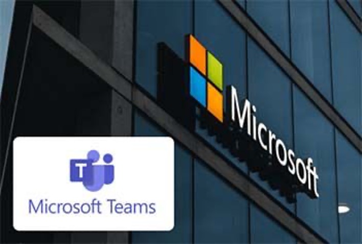 Image of Microsoft Teams logo over Microsoft buildings